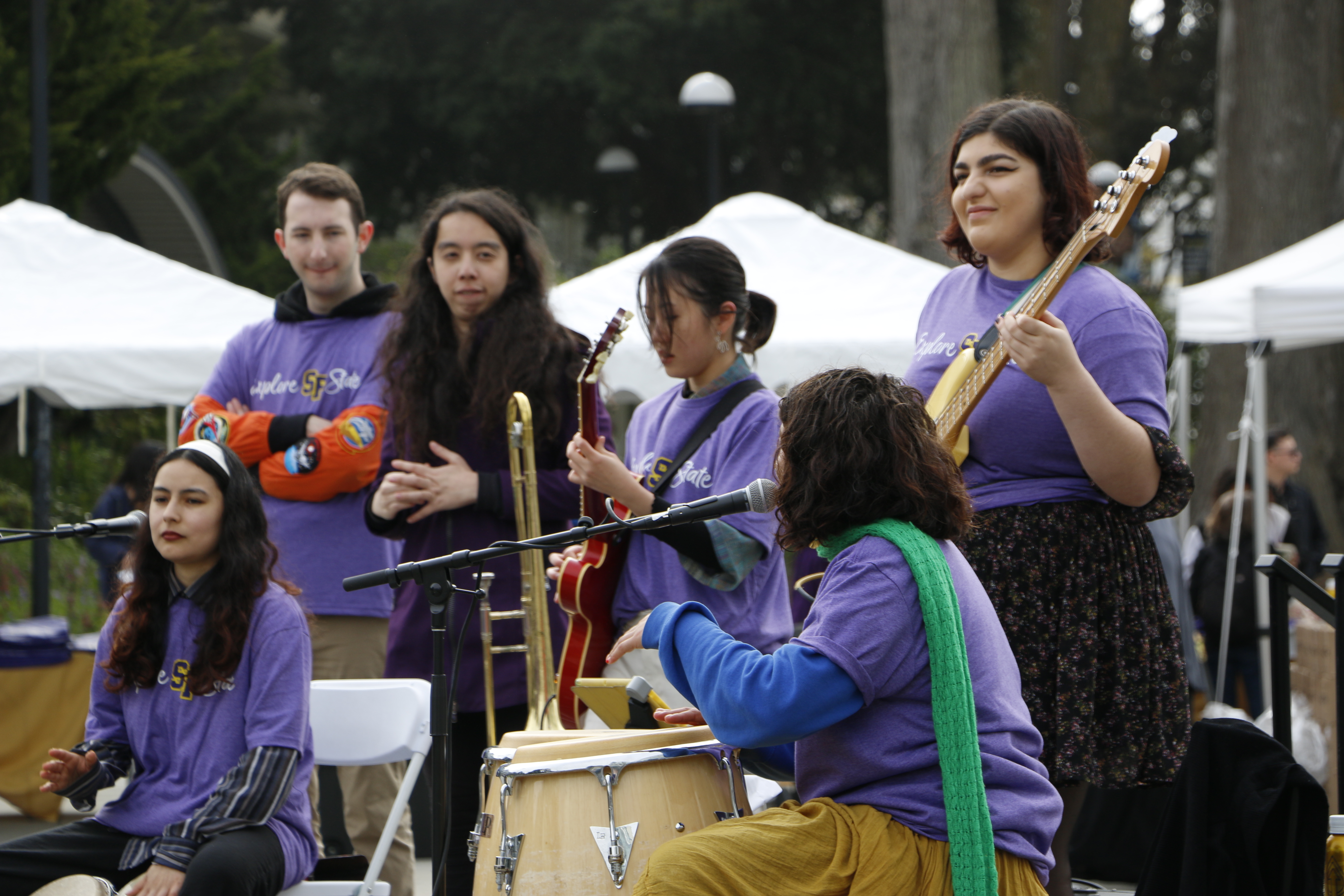Members of SF State's Afro Cuban Ensemble perform on Malcolm X Plaza